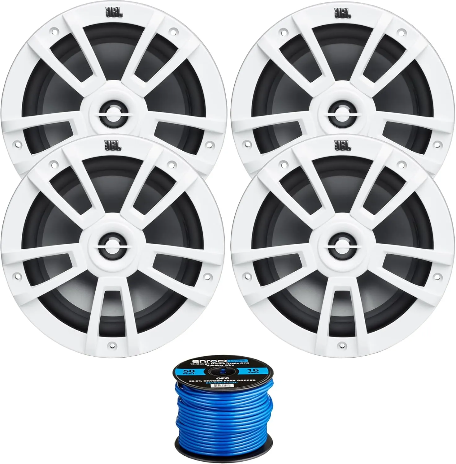 4X 8 375 Watts Peak Power High-Performance Marine Audio White Speakers, 50 Feet 16 Gauge Speaker Wire