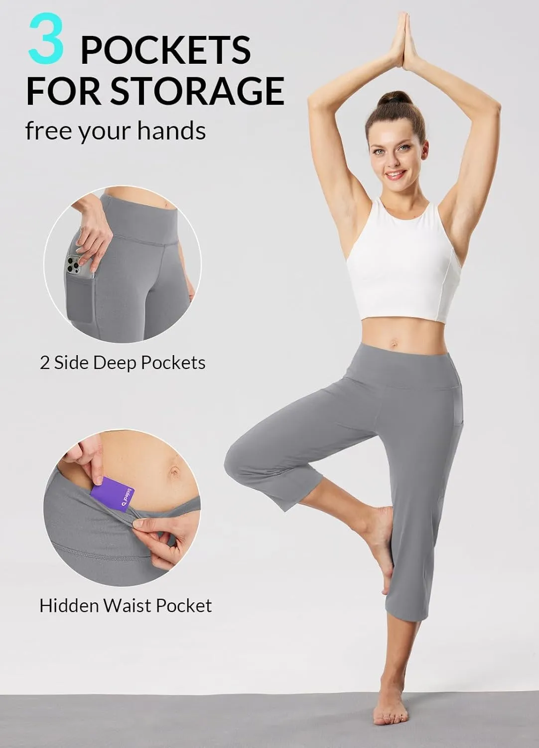 baleaf Womens Yoga Capri Pants High Waist Capri Leggings with Pockets Wide Leg Crop Exercise Workout Summer Pants