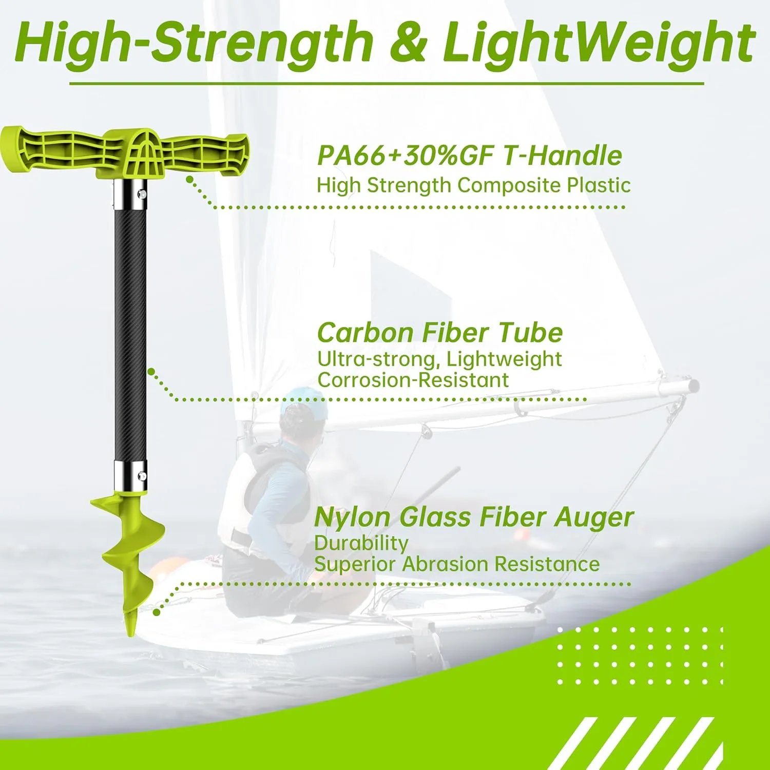 Boat Sand Anchor,Carbon Fiber Shallow Water Anchor with T-Handle and Nylon Glass Fiber Auger,Corrosion-Resistant Sand Anchor for Under 23ft Boat and Kayak Anchor, Green