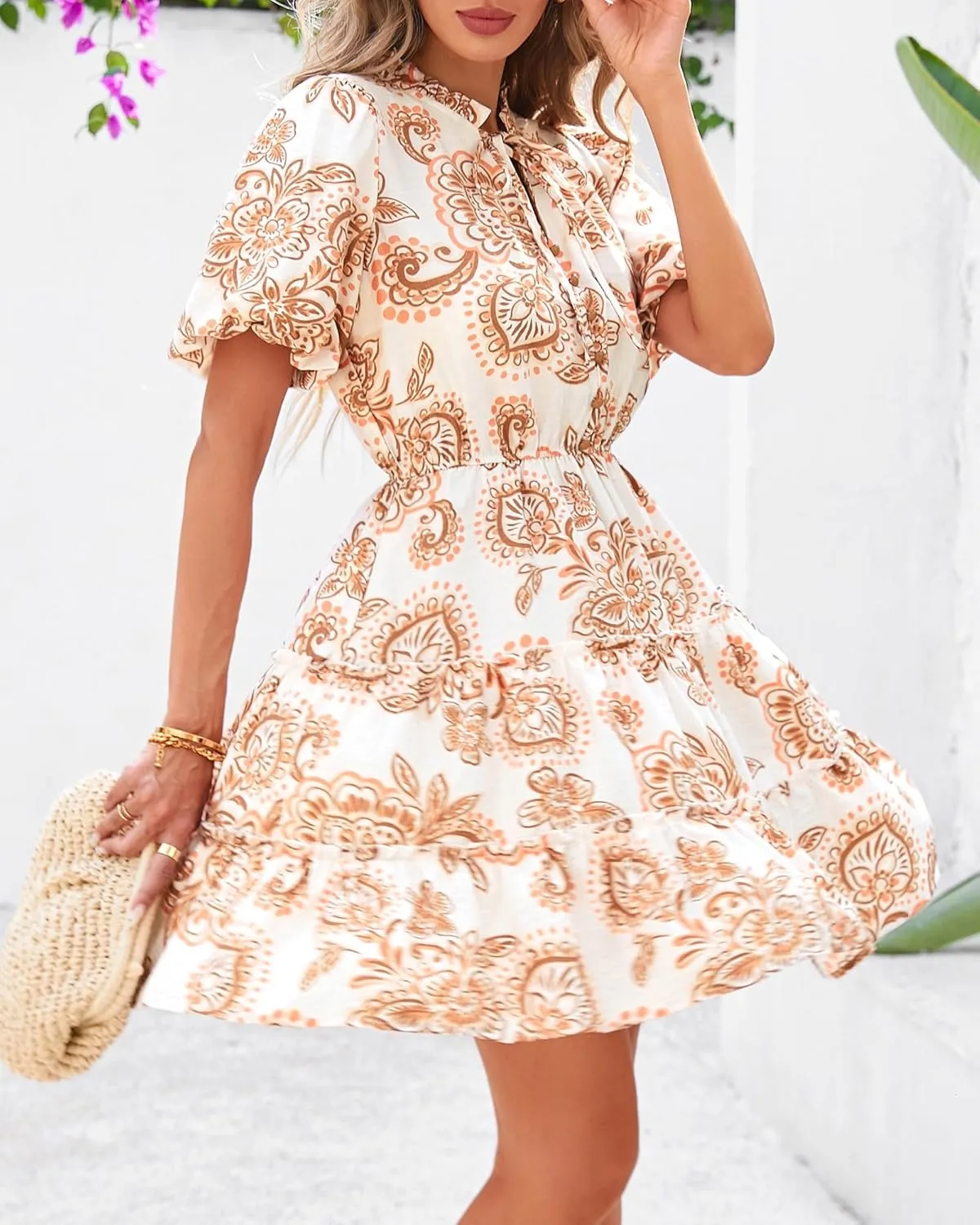 BTFBM Women Summer Floral Short Dresses V Neck Short Sleeve Tiered Ruffle Boho Swing Dress A-Line Mini Dresses