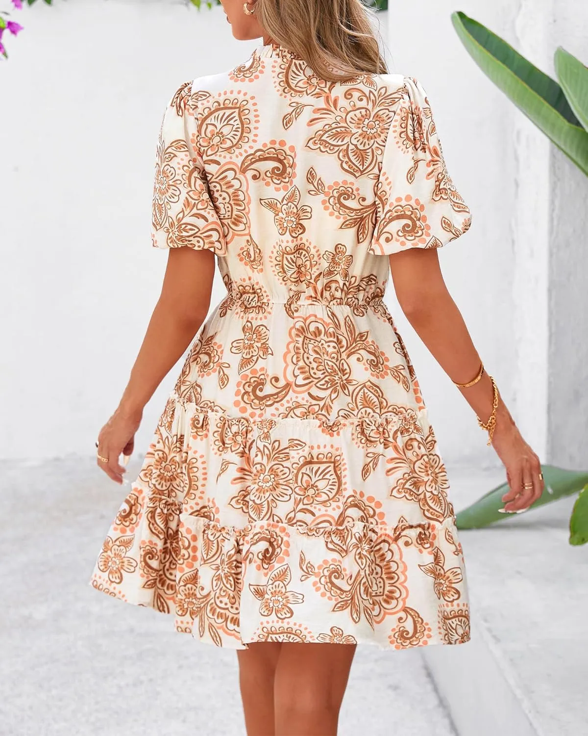 BTFBM Women Summer Floral Short Dresses V Neck Short Sleeve Tiered Ruffle Boho Swing Dress A-Line Mini Dresses