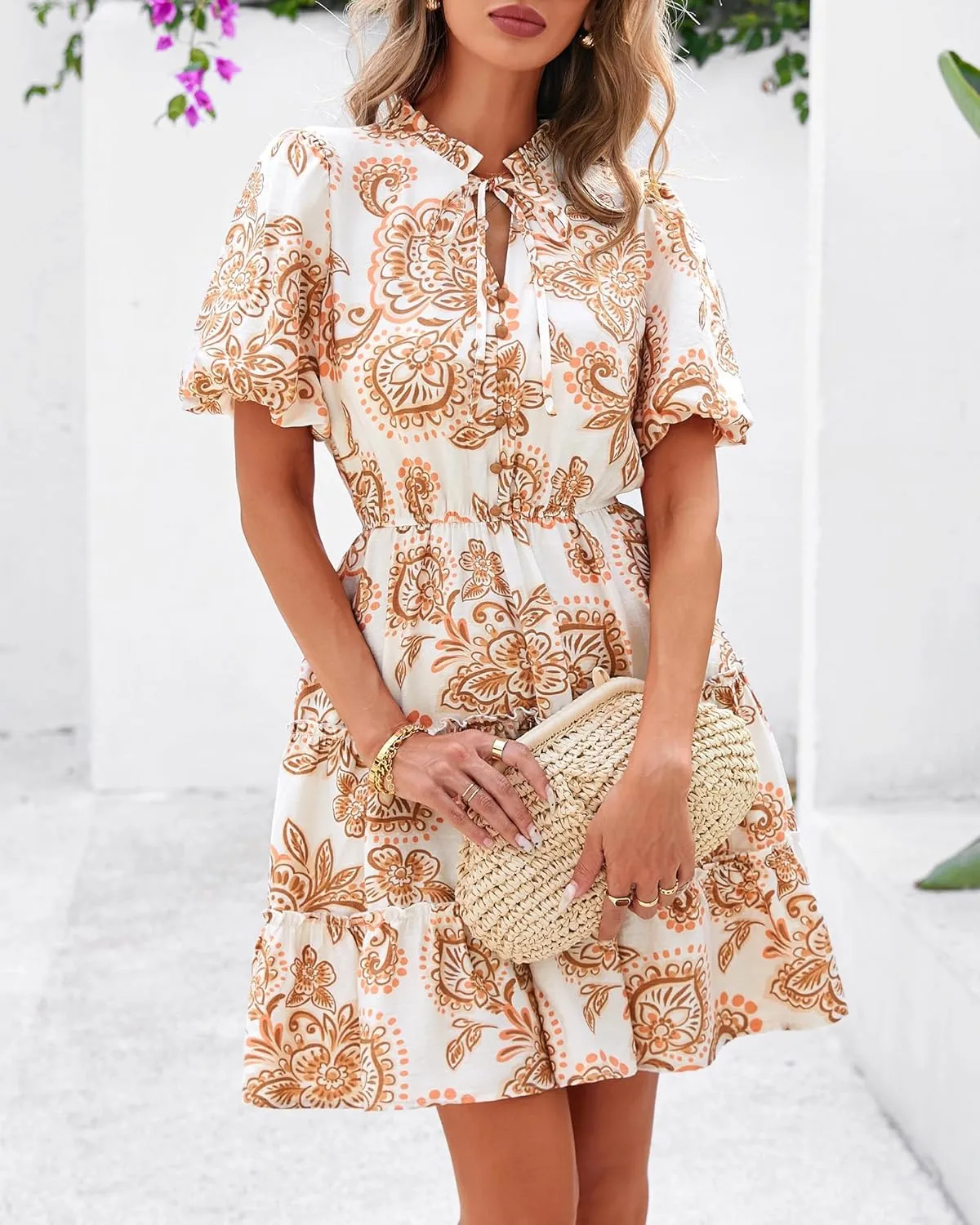 BTFBM Women Summer Floral Short Dresses V Neck Short Sleeve Tiered Ruffle Boho Swing Dress A-Line Mini Dresses