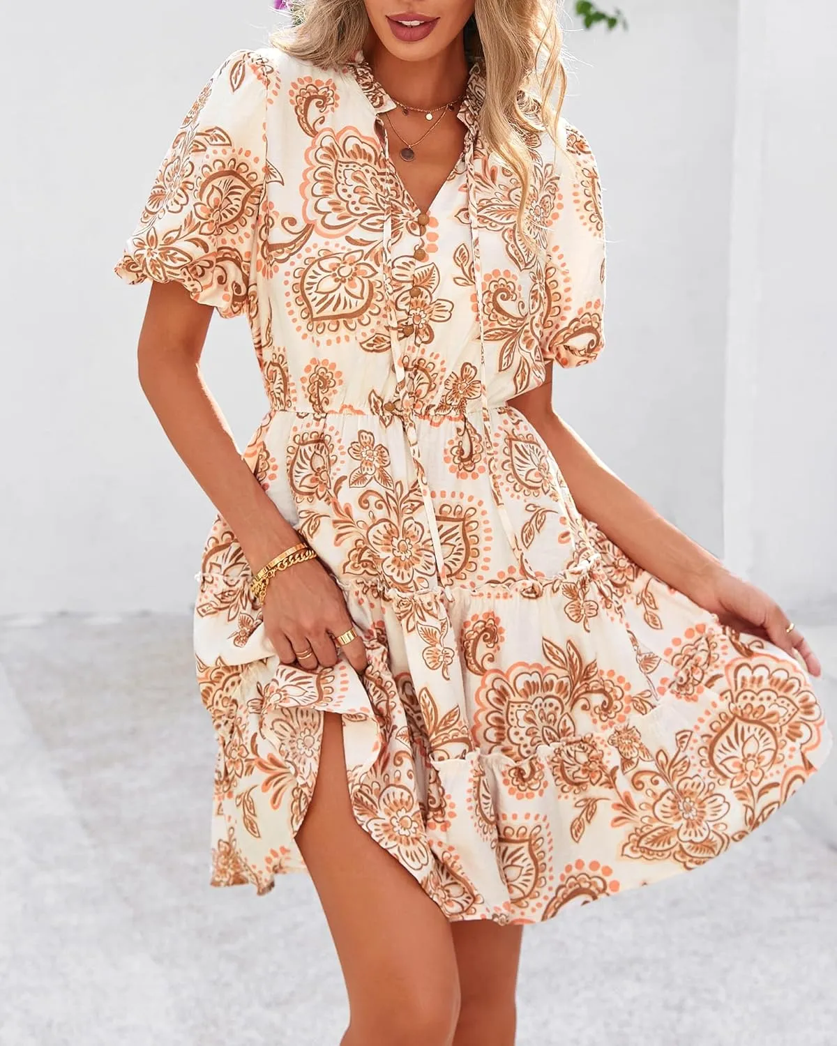 BTFBM Women Summer Floral Short Dresses V Neck Short Sleeve Tiered Ruffle Boho Swing Dress A-Line Mini Dresses
