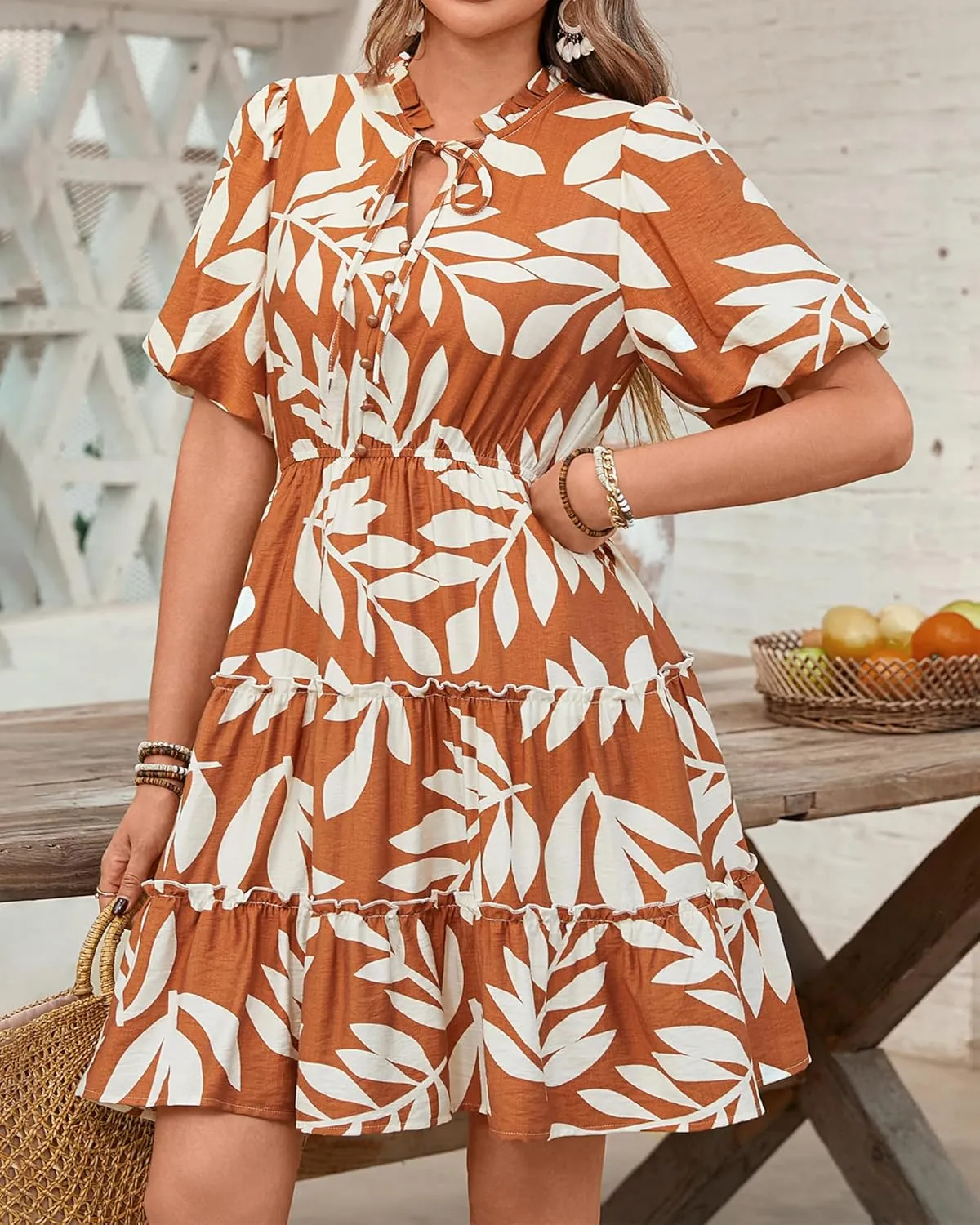 BTFBM Women Summer Floral Short Dresses V Neck Short Sleeve Tiered Ruffle Boho Swing Dress A-Line Mini Dresses