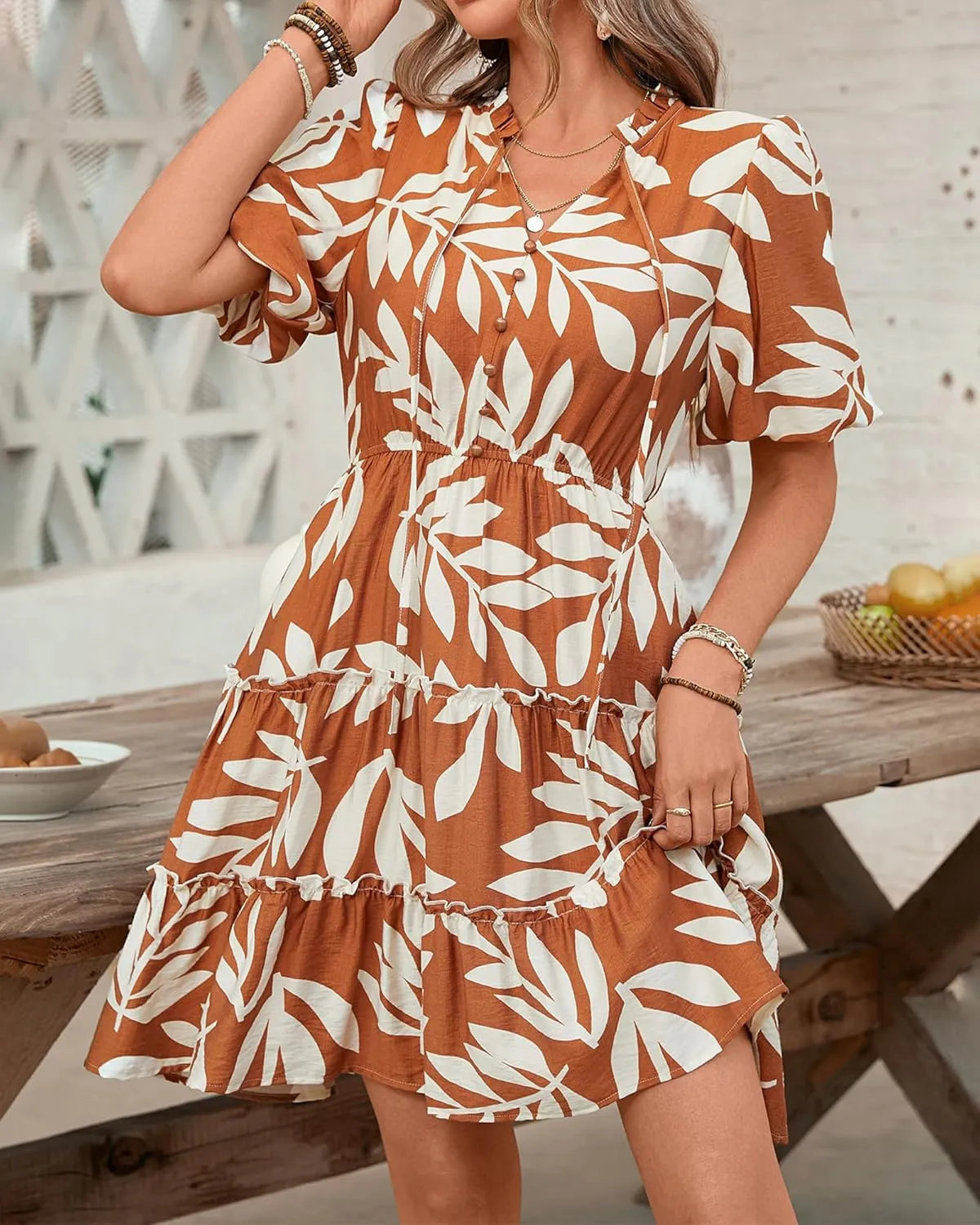 BTFBM Women Summer Floral Short Dresses V Neck Short Sleeve Tiered Ruffle Boho Swing Dress A-Line Mini Dresses