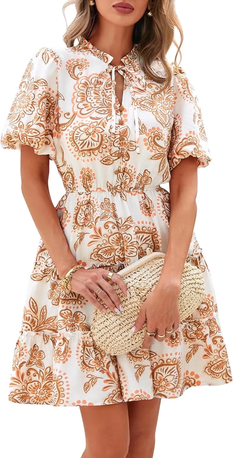 BTFBM Women Summer Floral Short Dresses V Neck Short Sleeve Tiered Ruffle Boho Swing Dress A-Line Mini Dresses