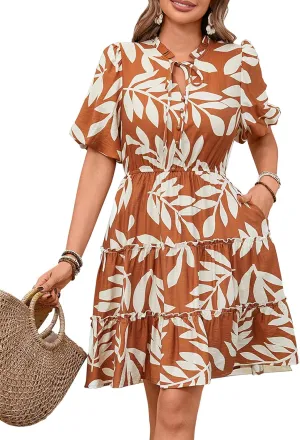 BTFBM Women Summer Floral Short Dresses V Neck Short Sleeve Tiered Ruffle Boho Swing Dress A-Line Mini Dresses