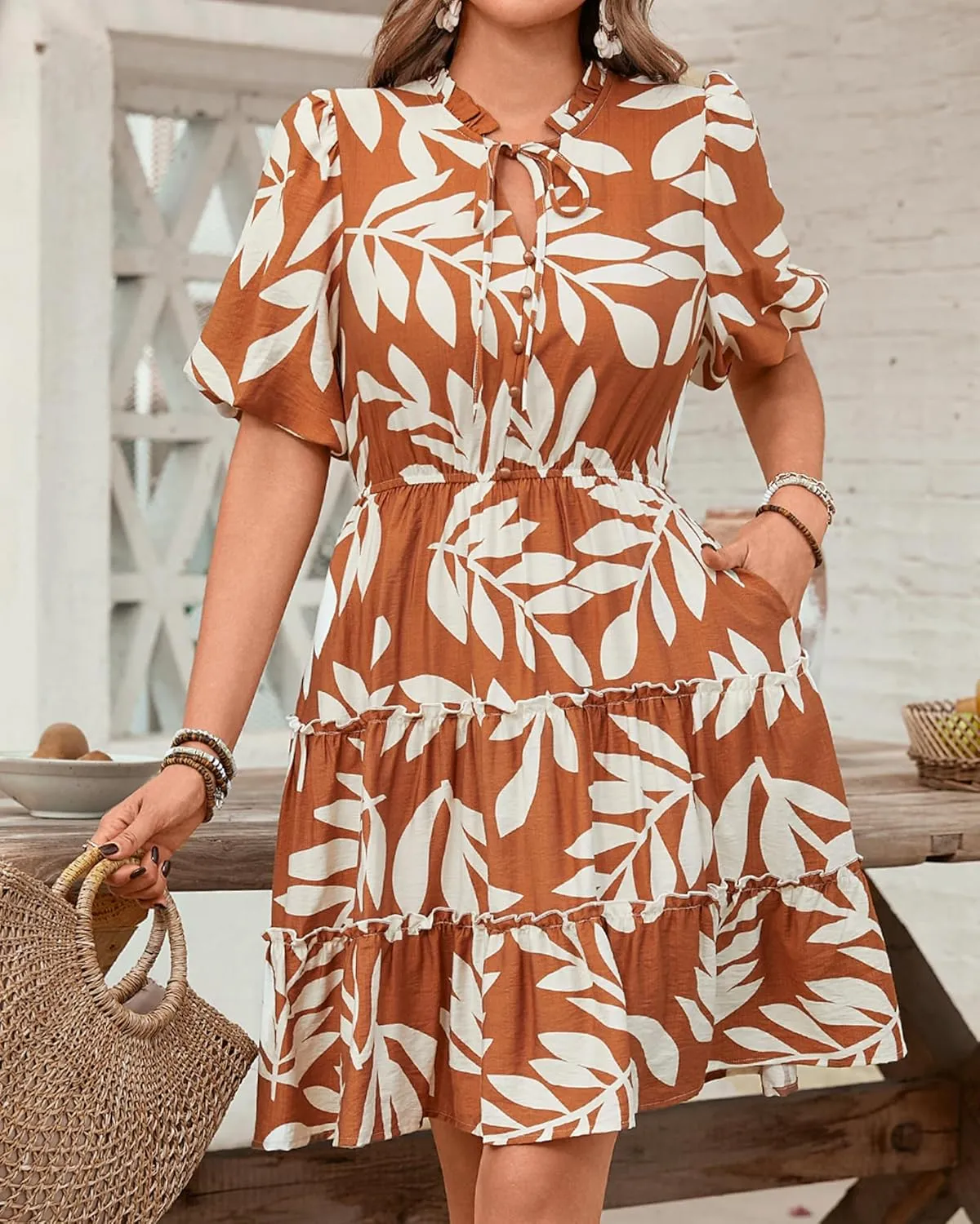 BTFBM Women Summer Floral Short Dresses V Neck Short Sleeve Tiered Ruffle Boho Swing Dress A-Line Mini Dresses