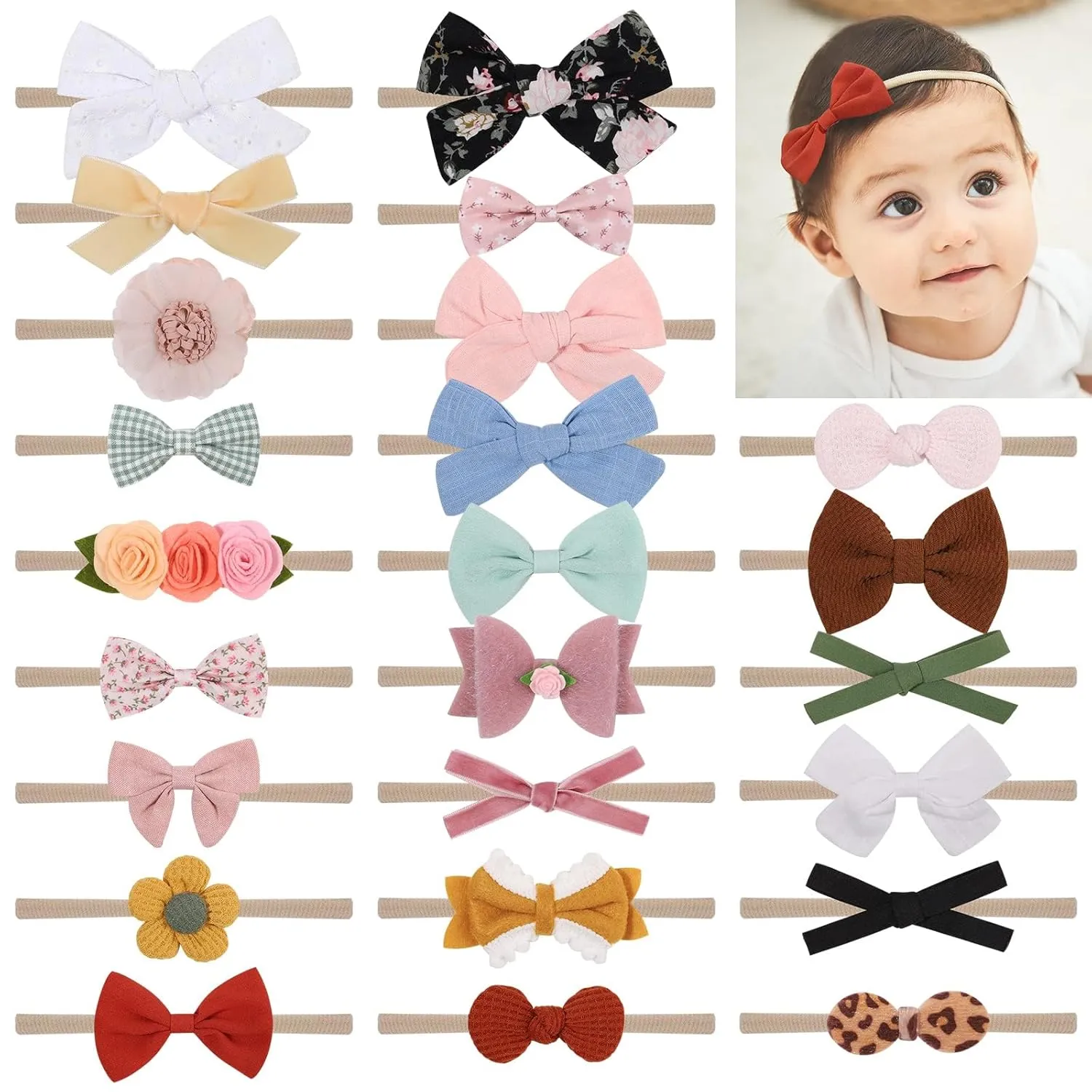 doboi Baby Girl Headbands 24PCS Nylon Linen Handmade Hairbands with Hair Bows and Accessories for Newborns, Infants, Toddlers, and Little Kids