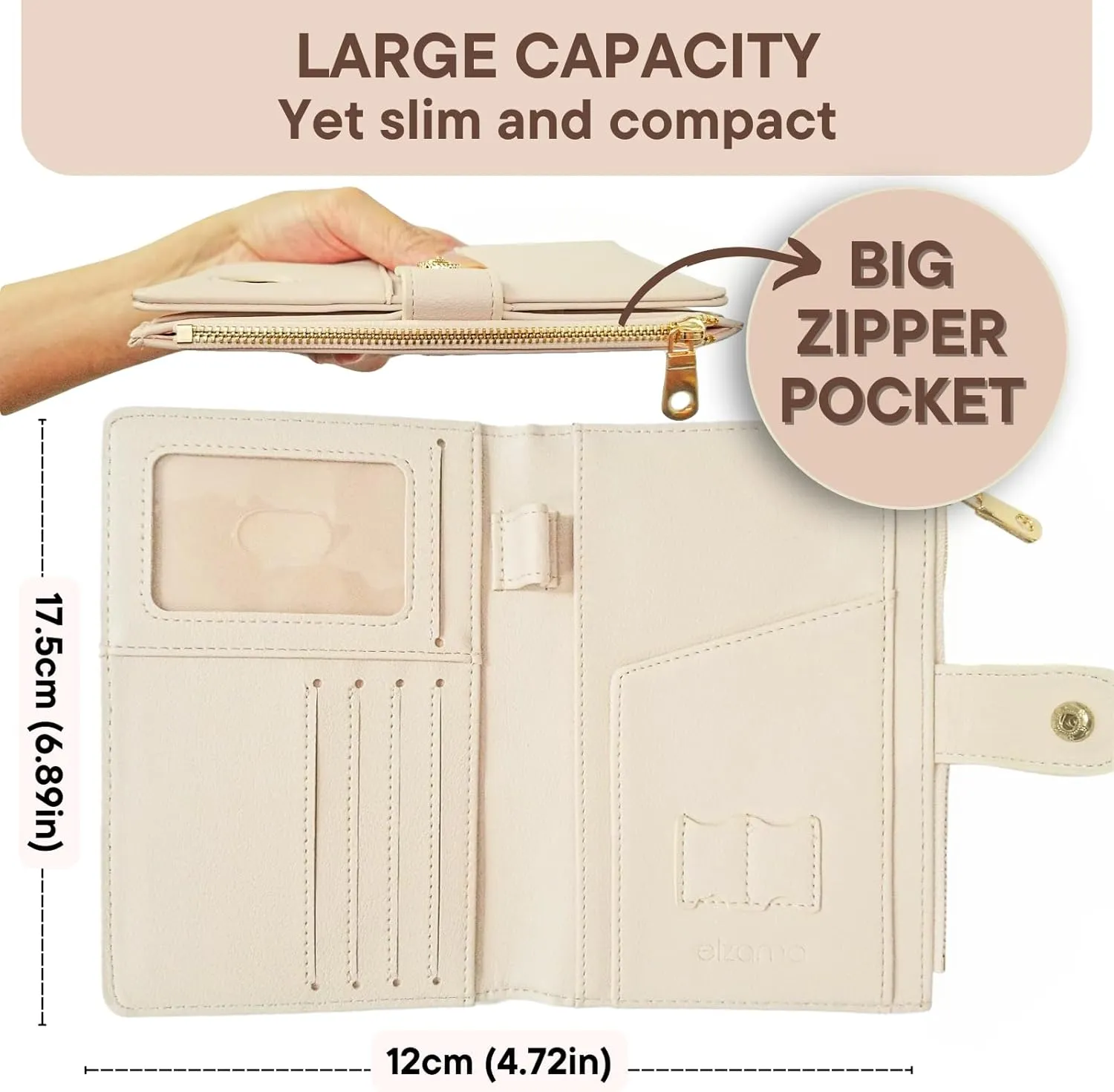 elzama Passport Holder Women with RFID Blocking, Passport Wallet with Zipper Pocket, Credit Card, Pen, Sim Card, Cash, Coins Holders, Travel Wallet Passport Holder, Black, Ivory
