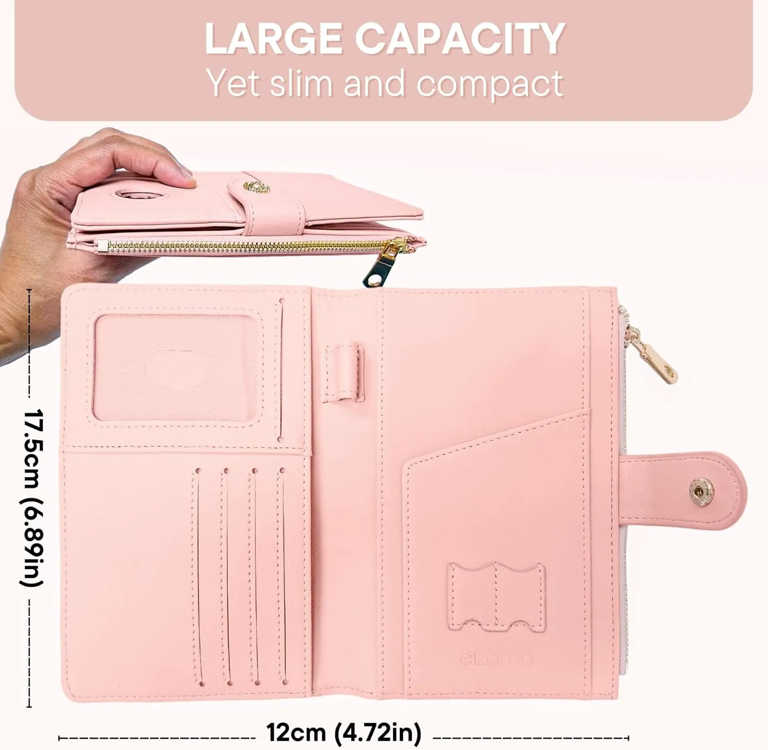 elzama Passport Holder Women with RFID Blocking, Passport Wallet with Zipper Pocket, Credit Card, Pen, Sim Card, Cash, Coins Holders, Travel Wallet Passport Holder, Black, Pink