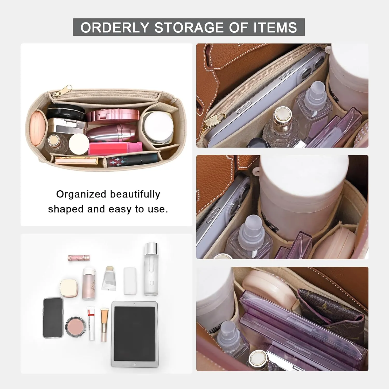 Felt Purse Organizer insert for birkin 30 bag organizer Handbag Insert (Beige, BK30)