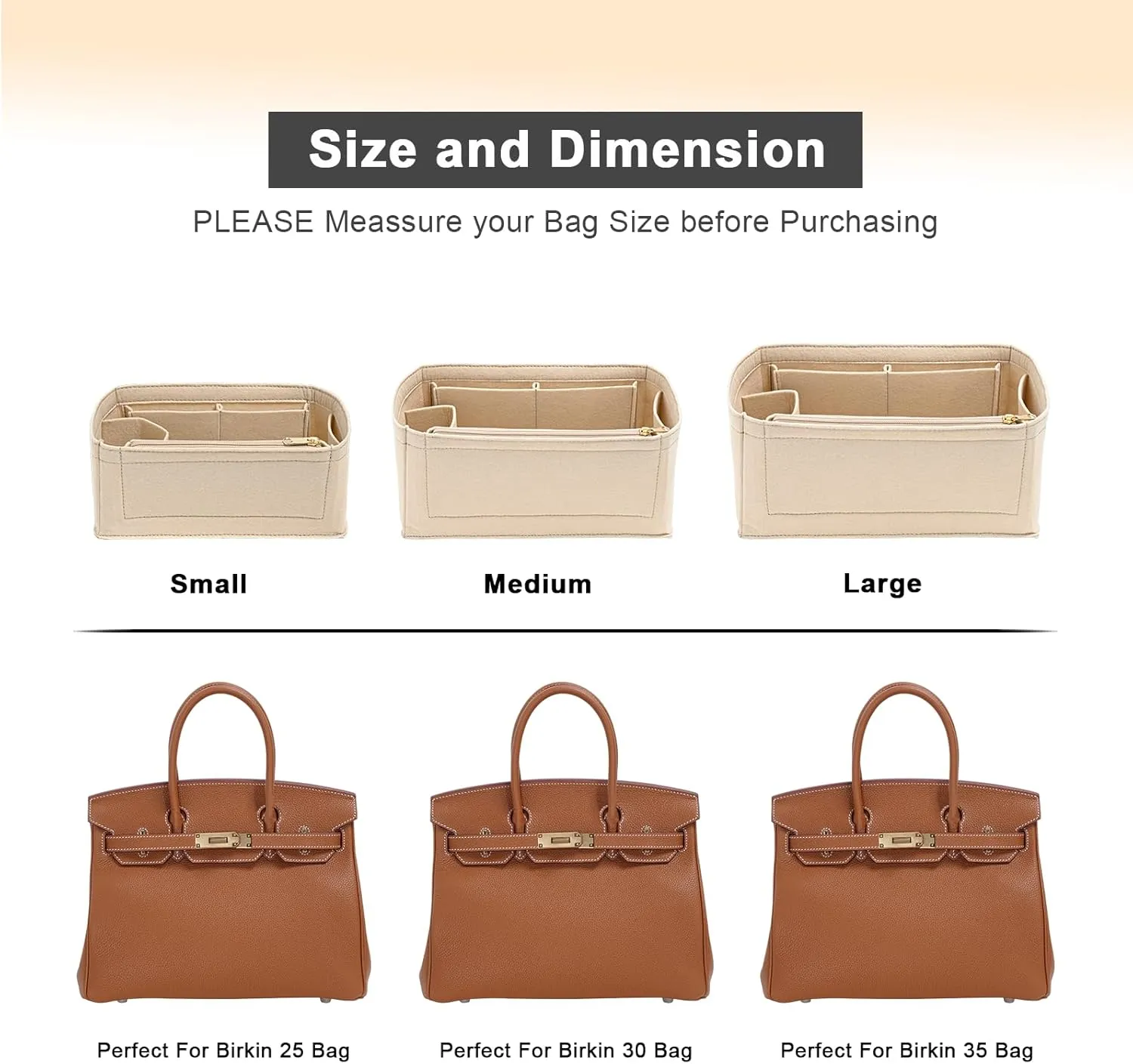 Felt Purse Organizer insert for birkin 30 bag organizer Handbag Insert (Beige, BK30)