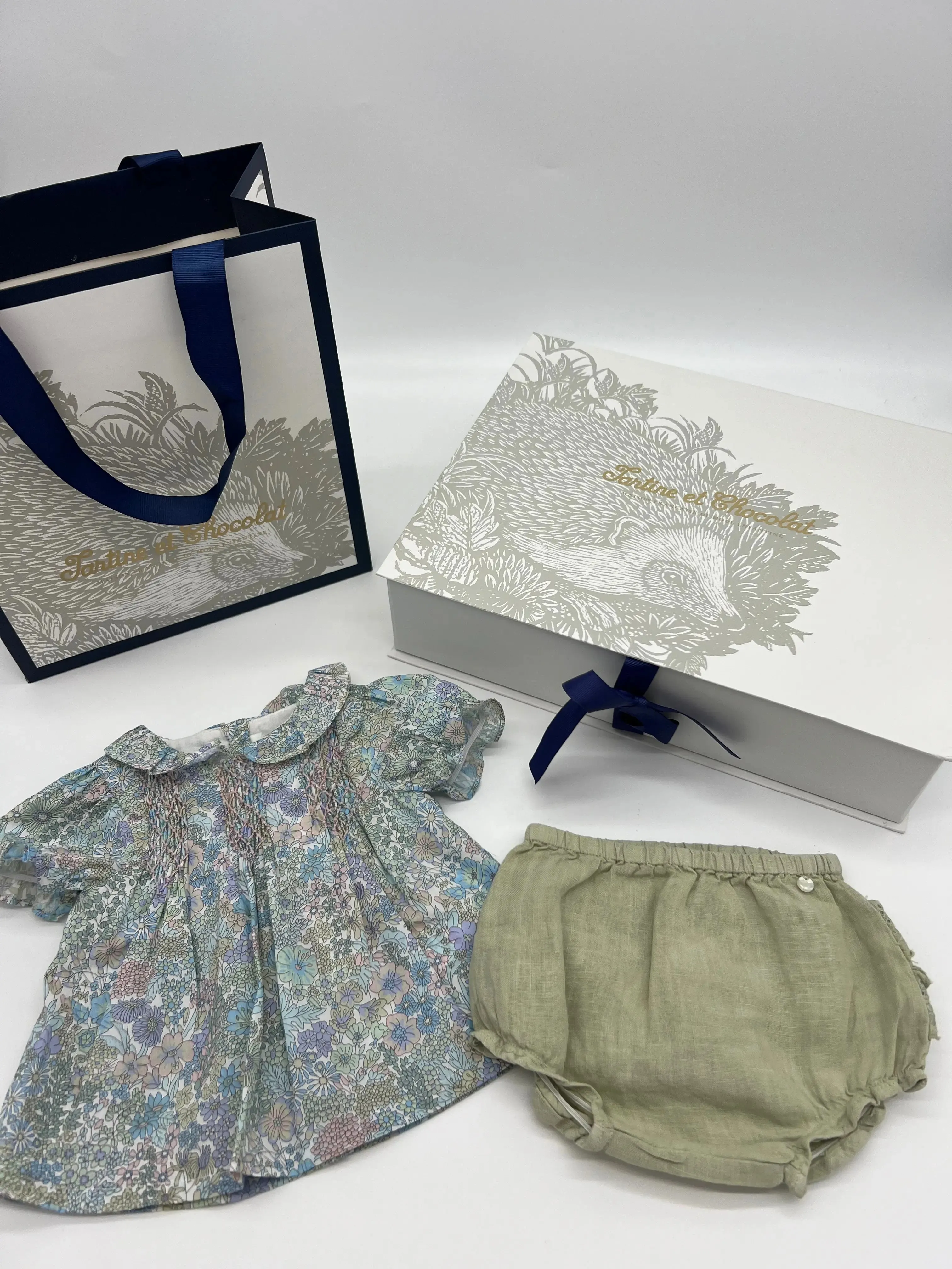 Girl's green Liberty print blouse and green linen bloomer set