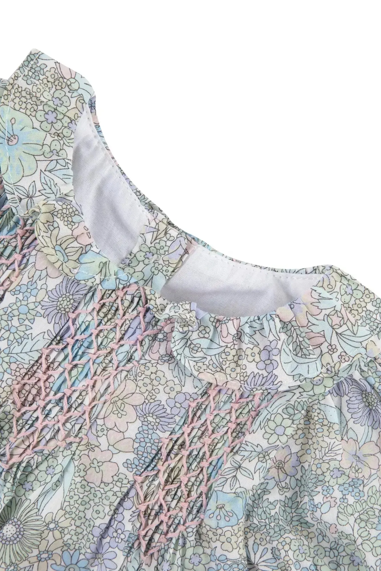 Girl's green Liberty print blouse and green linen bloomer set