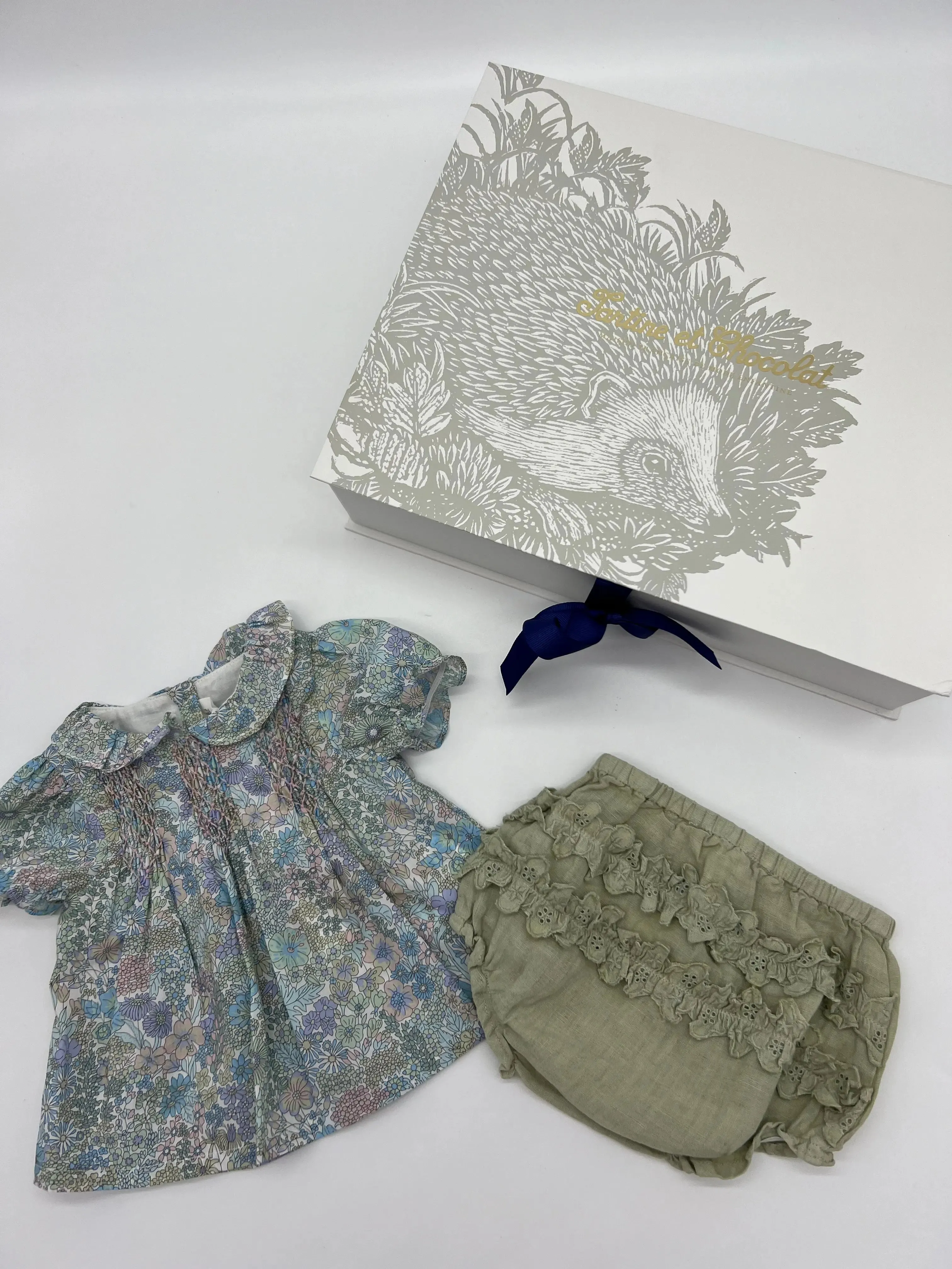 Girl's green Liberty print blouse and green linen bloomer set