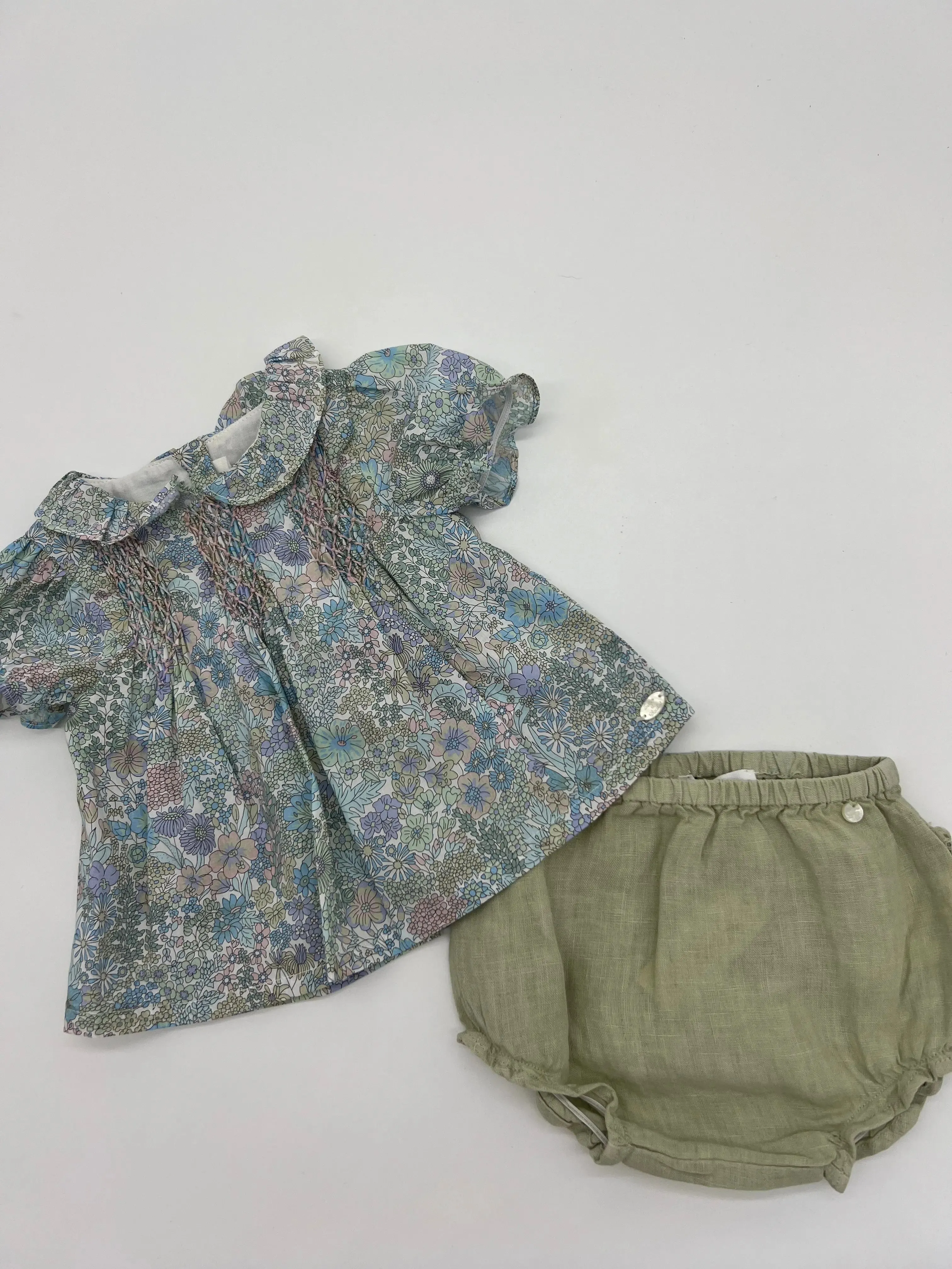 Girl's green Liberty print blouse and green linen bloomer set