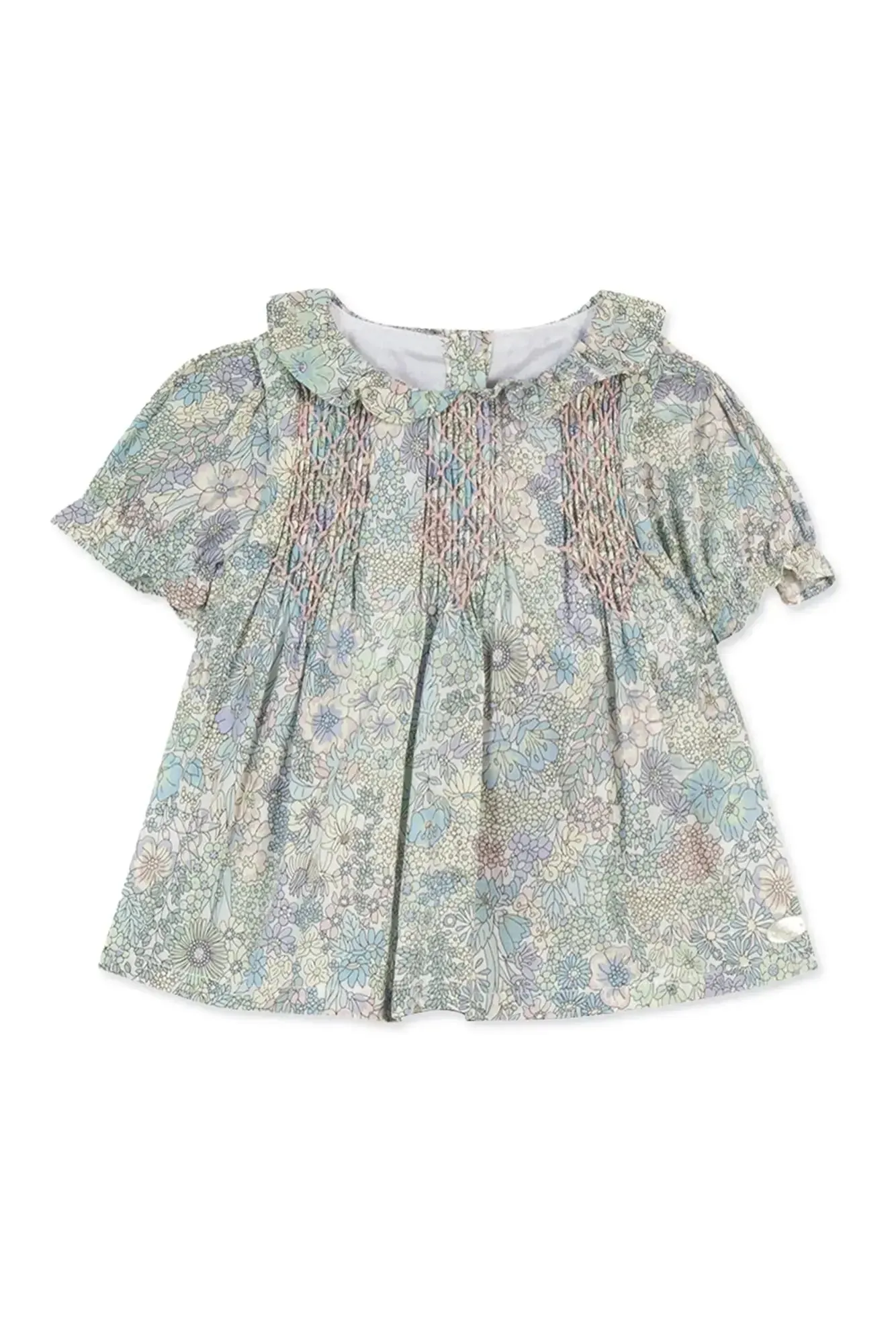 Girl's green Liberty print blouse and green linen bloomer set