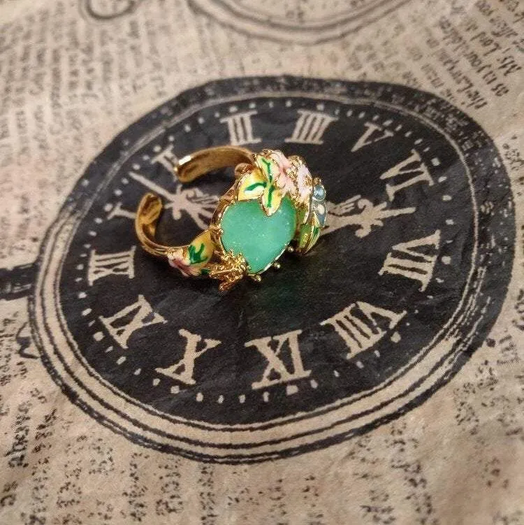 Green crystal Bee Flower Enamel Scenes of Nature Ring by Bill Skinner