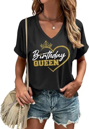 Happy Birthday V Neck Shirt for Women Funny Birthday Girl Graphic Tee Birthday Party Gift Causal Letter Printed Tops