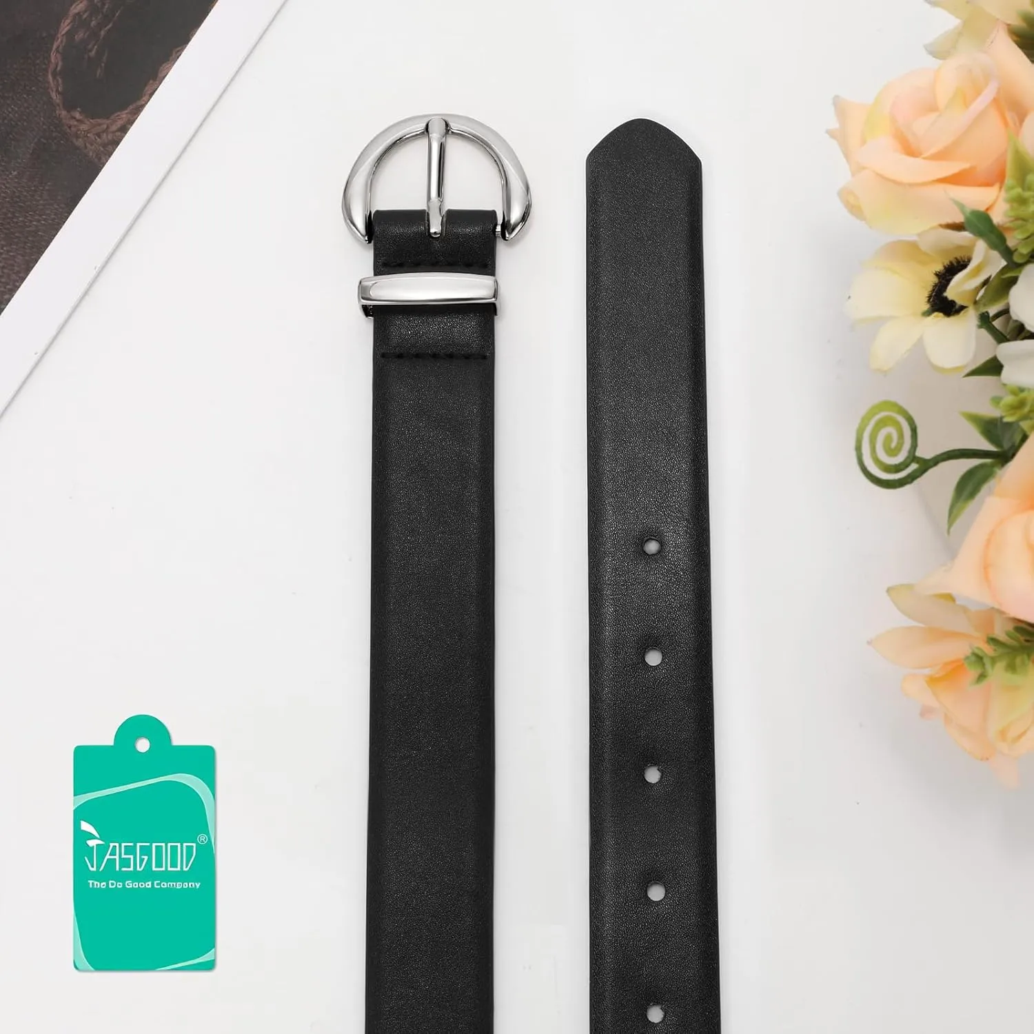 JASGOOD Women Leather Belt Fashion Ladies Waist Belt for Jeans Casual Faux Leather Belt with Gold Buckle