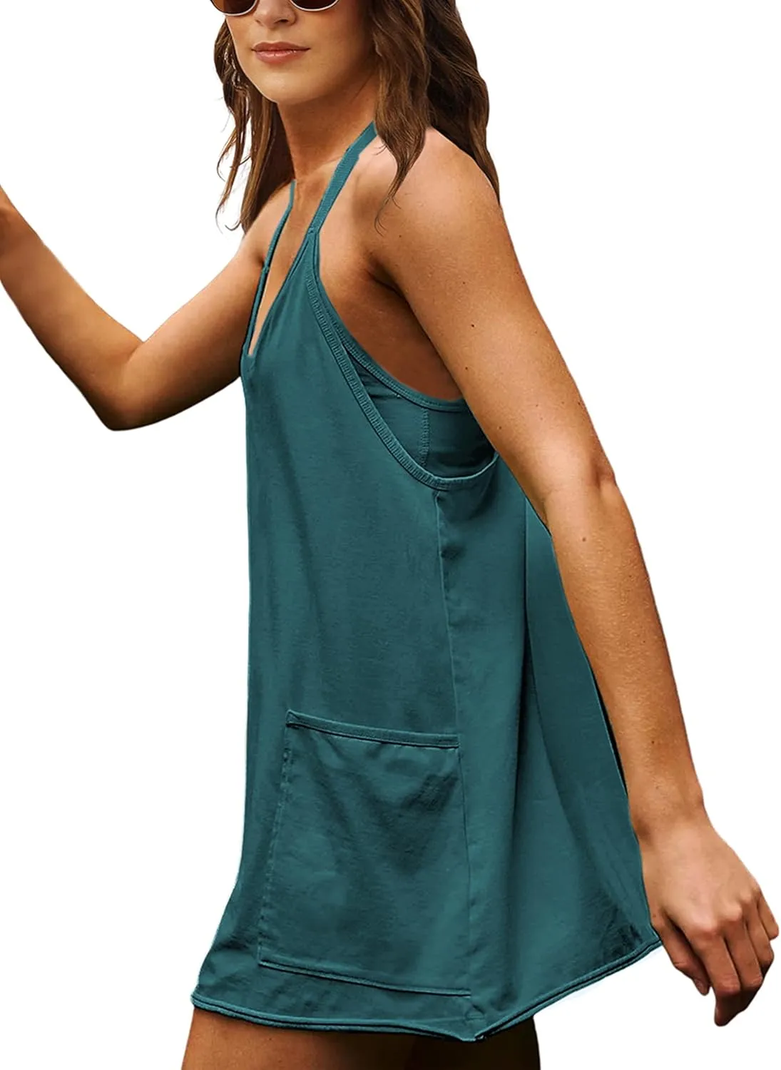 Lentta Womens Athletic Sleeveless Mini Dress with Built-in Shorts V Neck Spaghetti Strap Sundress