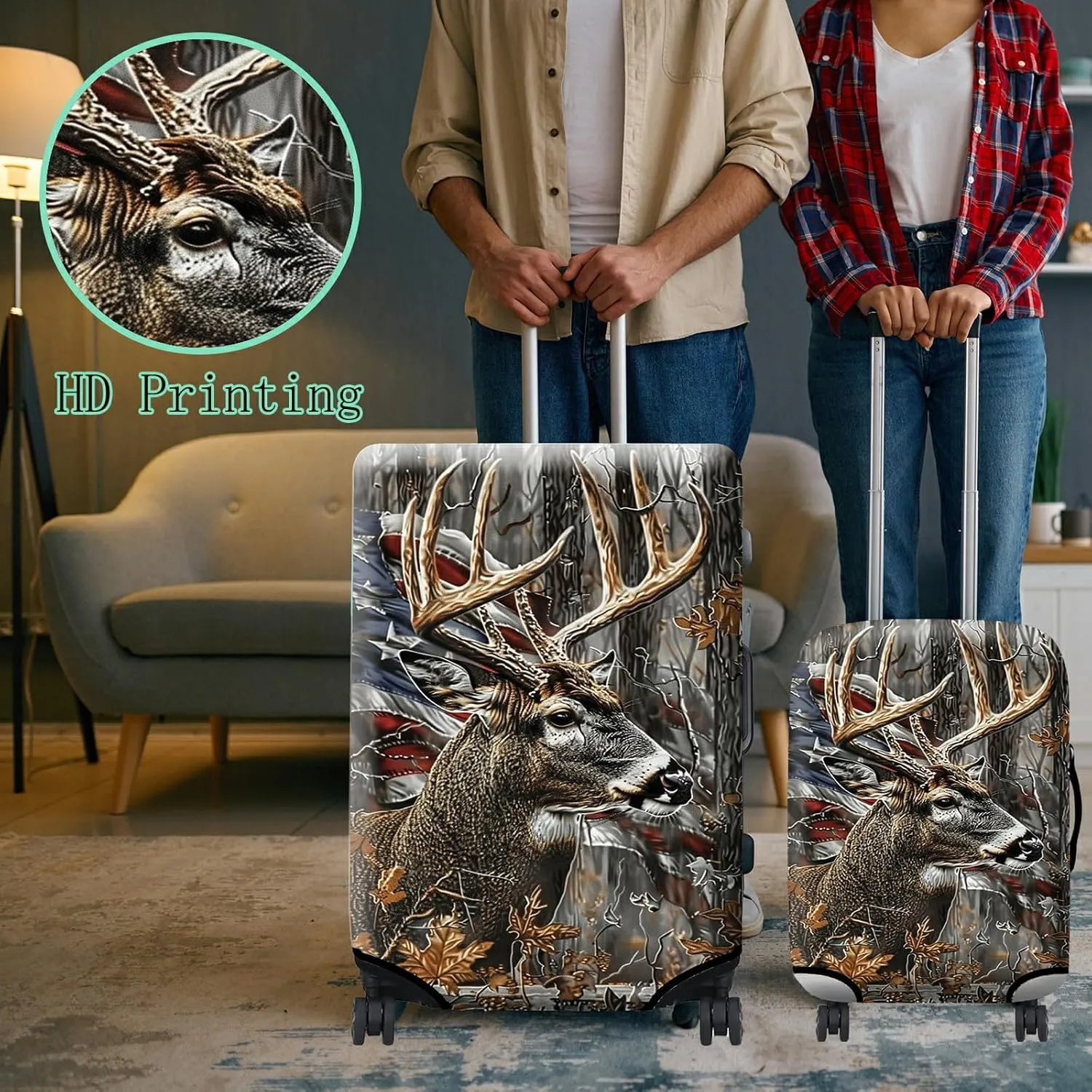 Luggage Cover Plus - Suitcase Protector with Camo Deer Flag Pattern, Travel Luggage Cover for 26-28 inch Suitcase, Dustproof, Anti-Scratch, Washable Elastic Cloth, Concealed Zipper
