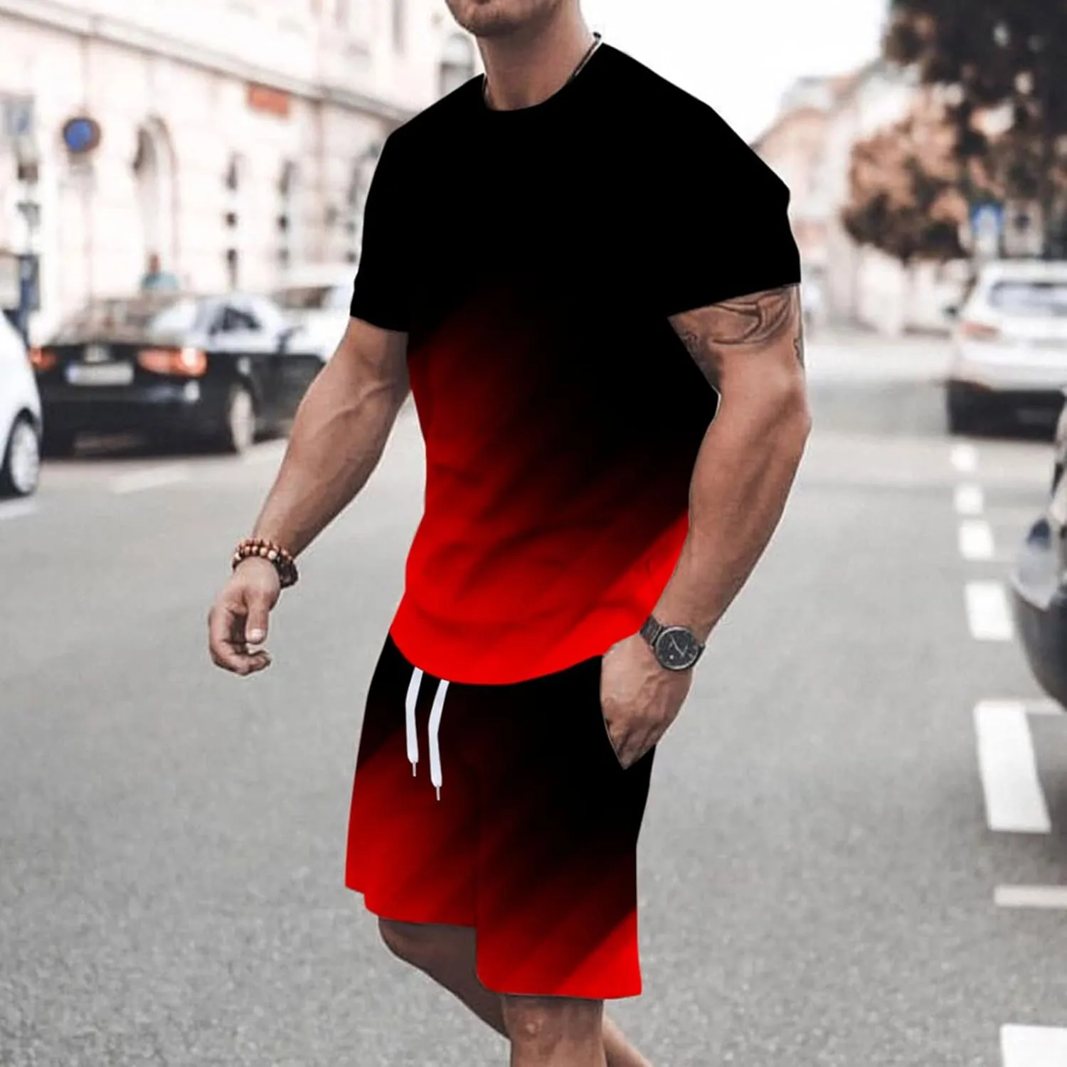 Muscularfit Mens Short Sets 2 Piece Outfits Causal Gradient Color Tracksuit Sweatshirt and Drawstring Shorts Set for Men 2023