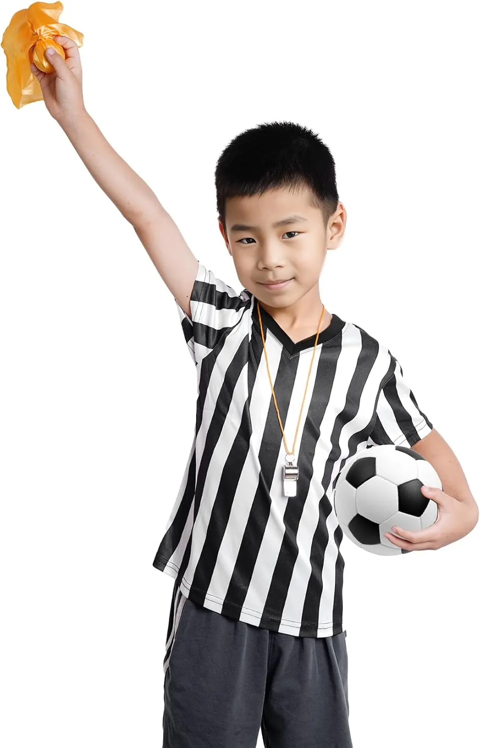 obmwang Kids Referee Shirt Costume, Black and White Stripe V Neck Referee Shirt, Yellow Penalty Flag and Whistle