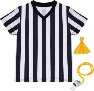 obmwang Kids Referee Shirt Costume, Black and White Stripe V Neck Referee Shirt, Yellow Penalty Flag and Whistle