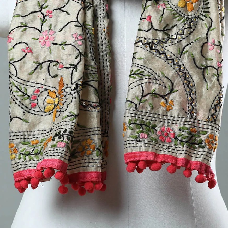 Pink - Ranihati Chanderi Silk Phulkari Embroidered Stole 14
