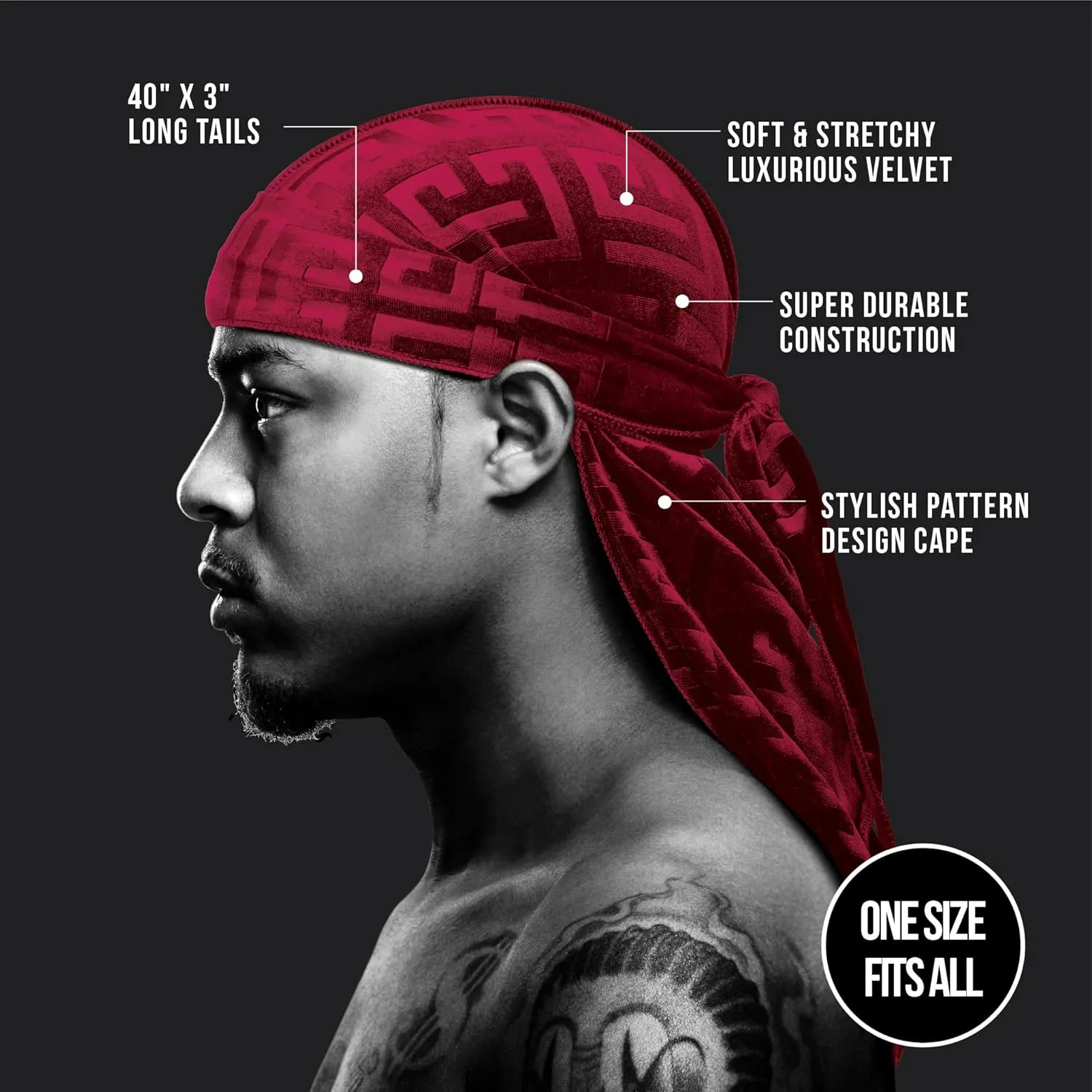 Red by Kiss Bow Wow X Power Wave Premium Pattern Velvet Durag, Soft & Stretchy, Ultimate Compression, Secure Fit & Breathable (Burgundy)