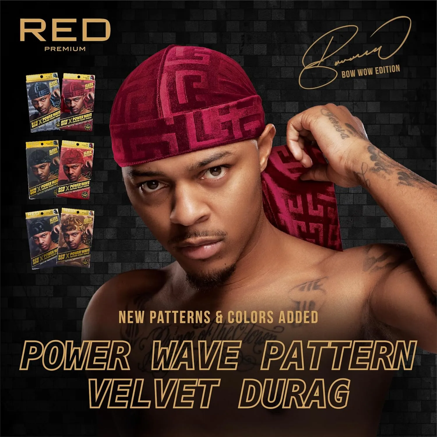 Red by Kiss Bow Wow X Power Wave Premium Pattern Velvet Durag, Soft & Stretchy, Ultimate Compression, Secure Fit & Breathable (Burgundy)