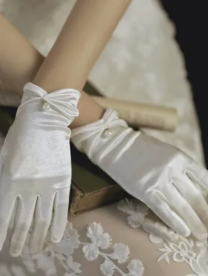 SHEIN 1pair Women's French Vintage Style White Pearl Gloves, Thin Section Sunscreen Party Satin Gloves For Women