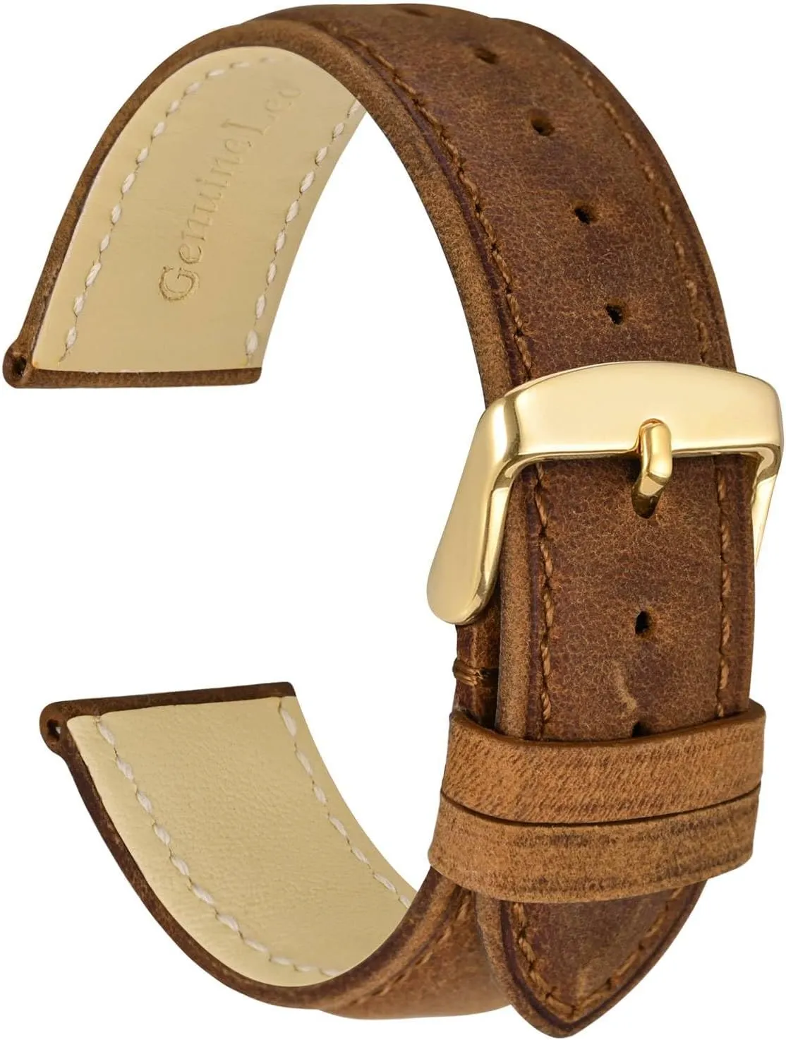 WOCCI 18mm Genuine Leather Watch Band with Gold Buckle (Caramel Brown)