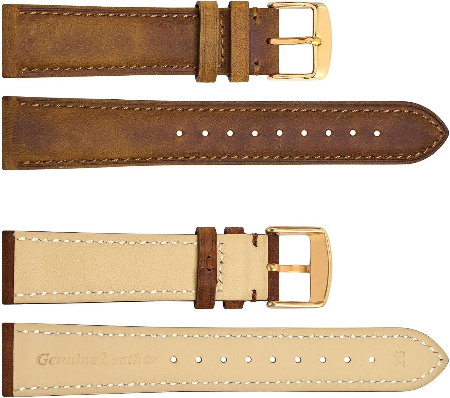 WOCCI 18mm Genuine Leather Watch Band with Gold Buckle (Caramel Brown)