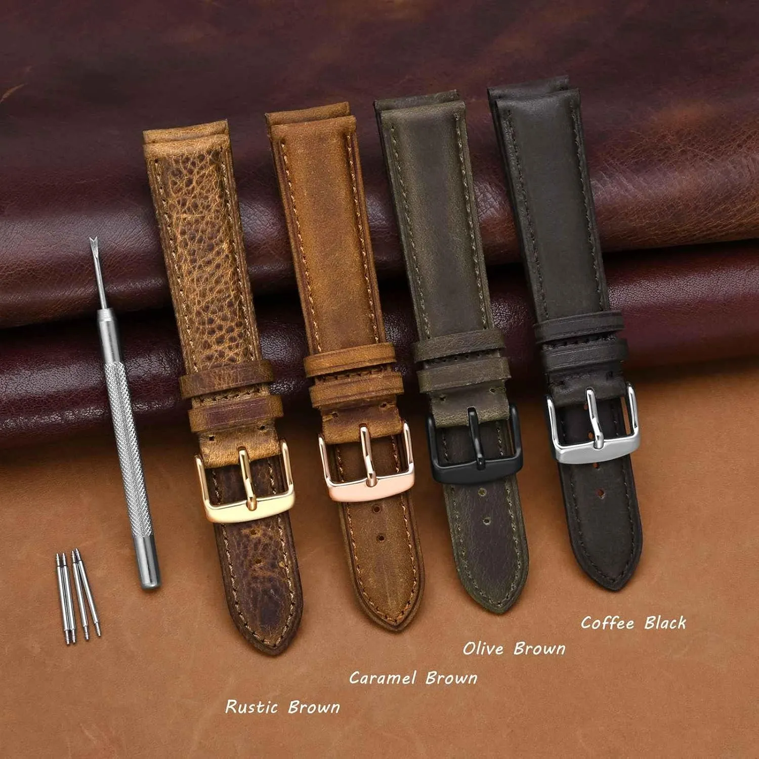 WOCCI 18mm Genuine Leather Watch Band with Gold Buckle (Caramel Brown)