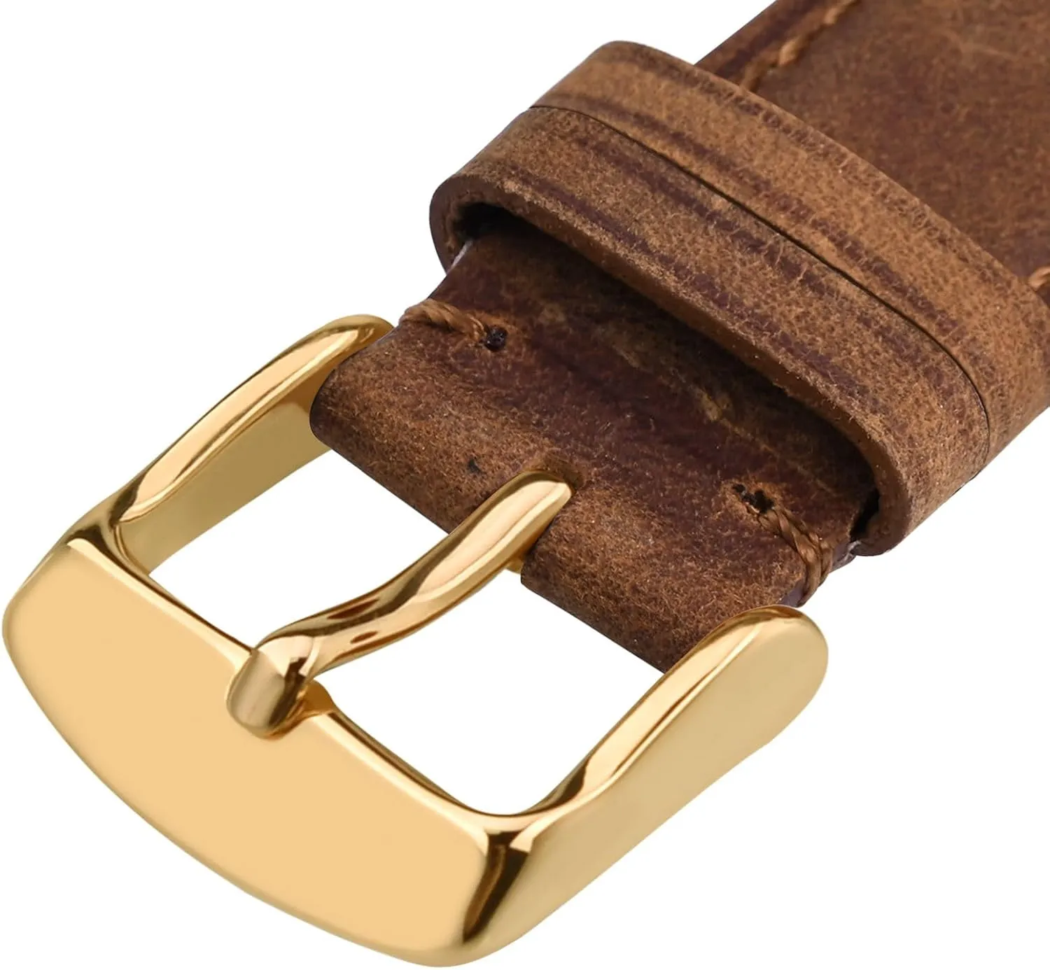 WOCCI 18mm Genuine Leather Watch Band with Gold Buckle (Caramel Brown)
