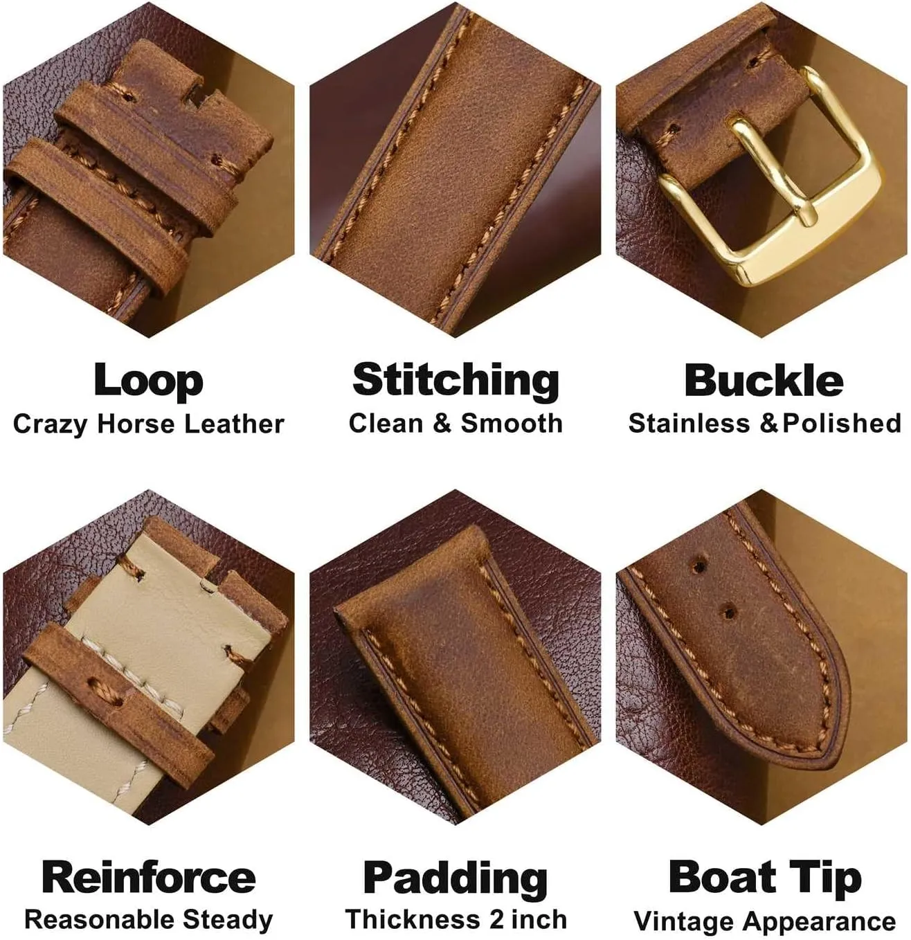 WOCCI 18mm Genuine Leather Watch Band with Gold Buckle (Caramel Brown)