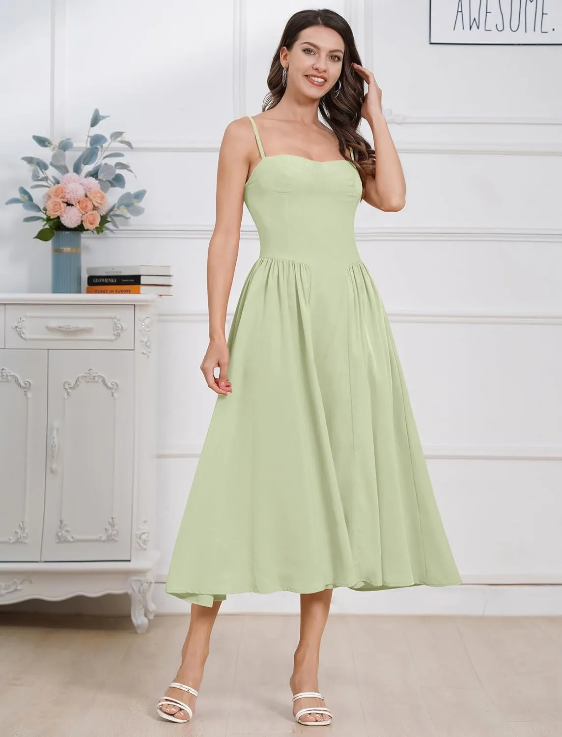 Women Floral Corset Dress Boho Spaghetti Strap Lace Up Casual Midi Dresses with Pockets Low Cut Flowy Bustier Sundress