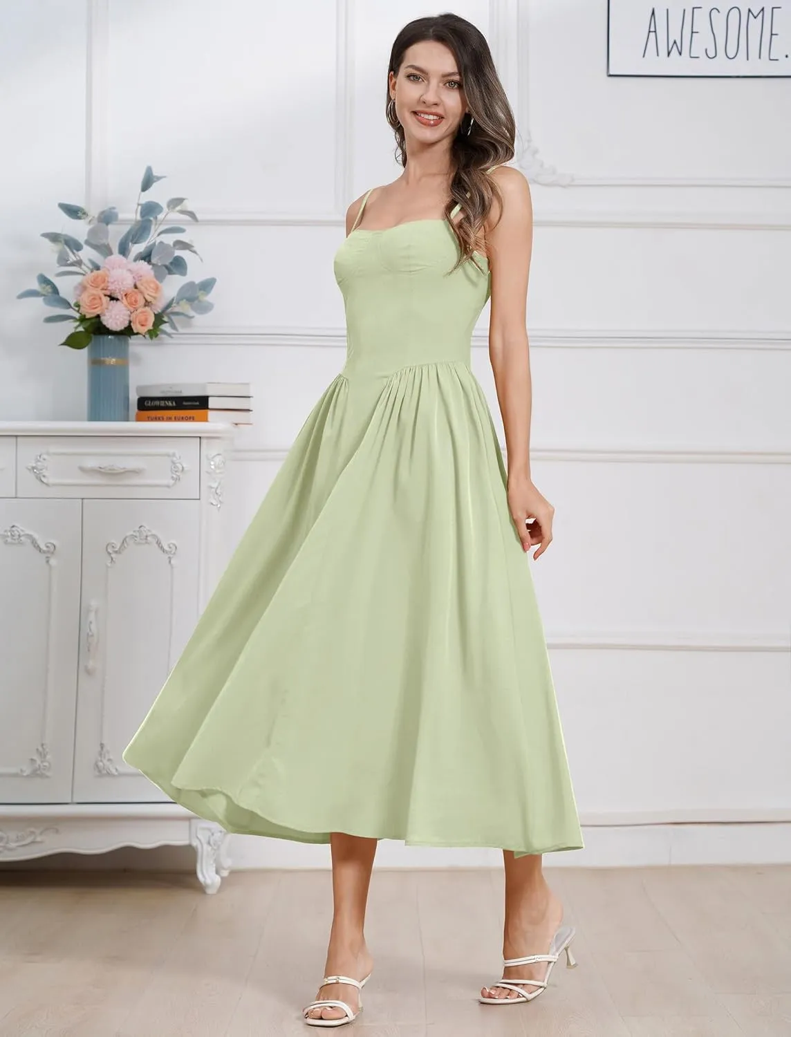Women Floral Corset Dress Boho Spaghetti Strap Lace Up Casual Midi Dresses with Pockets Low Cut Flowy Bustier Sundress
