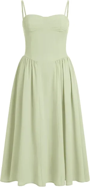 Women Floral Corset Dress Boho Spaghetti Strap Lace Up Casual Midi Dresses with Pockets Low Cut Flowy Bustier Sundress