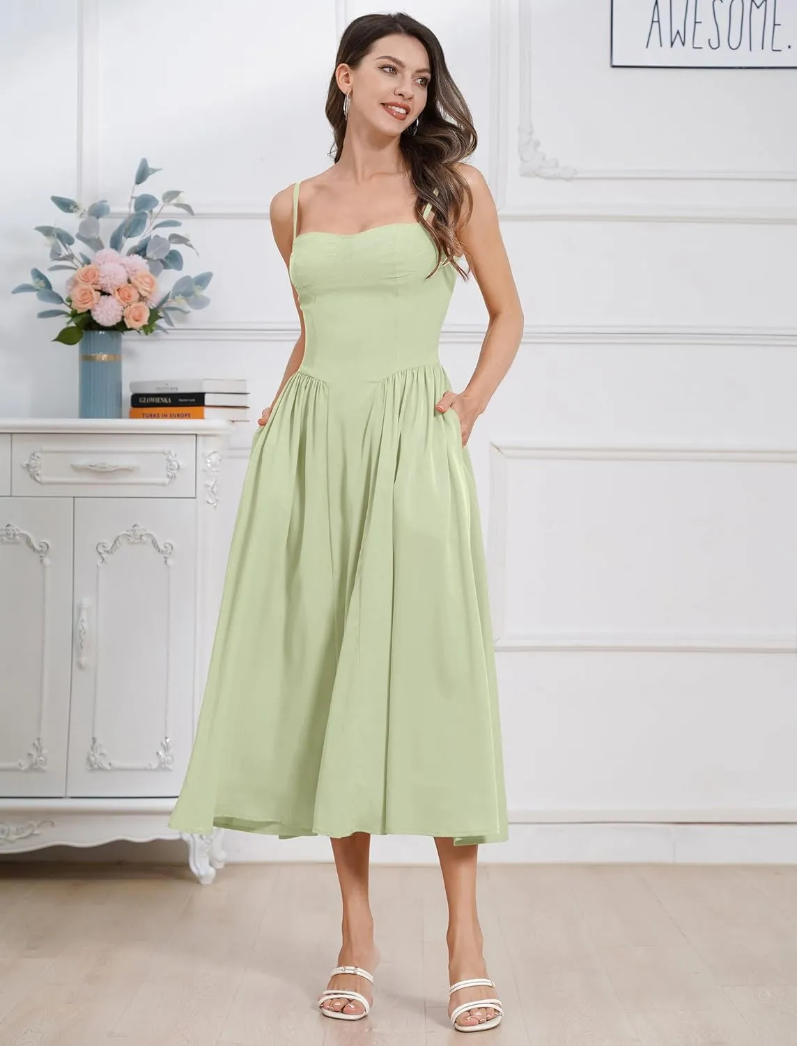 Women Floral Corset Dress Boho Spaghetti Strap Lace Up Casual Midi Dresses with Pockets Low Cut Flowy Bustier Sundress