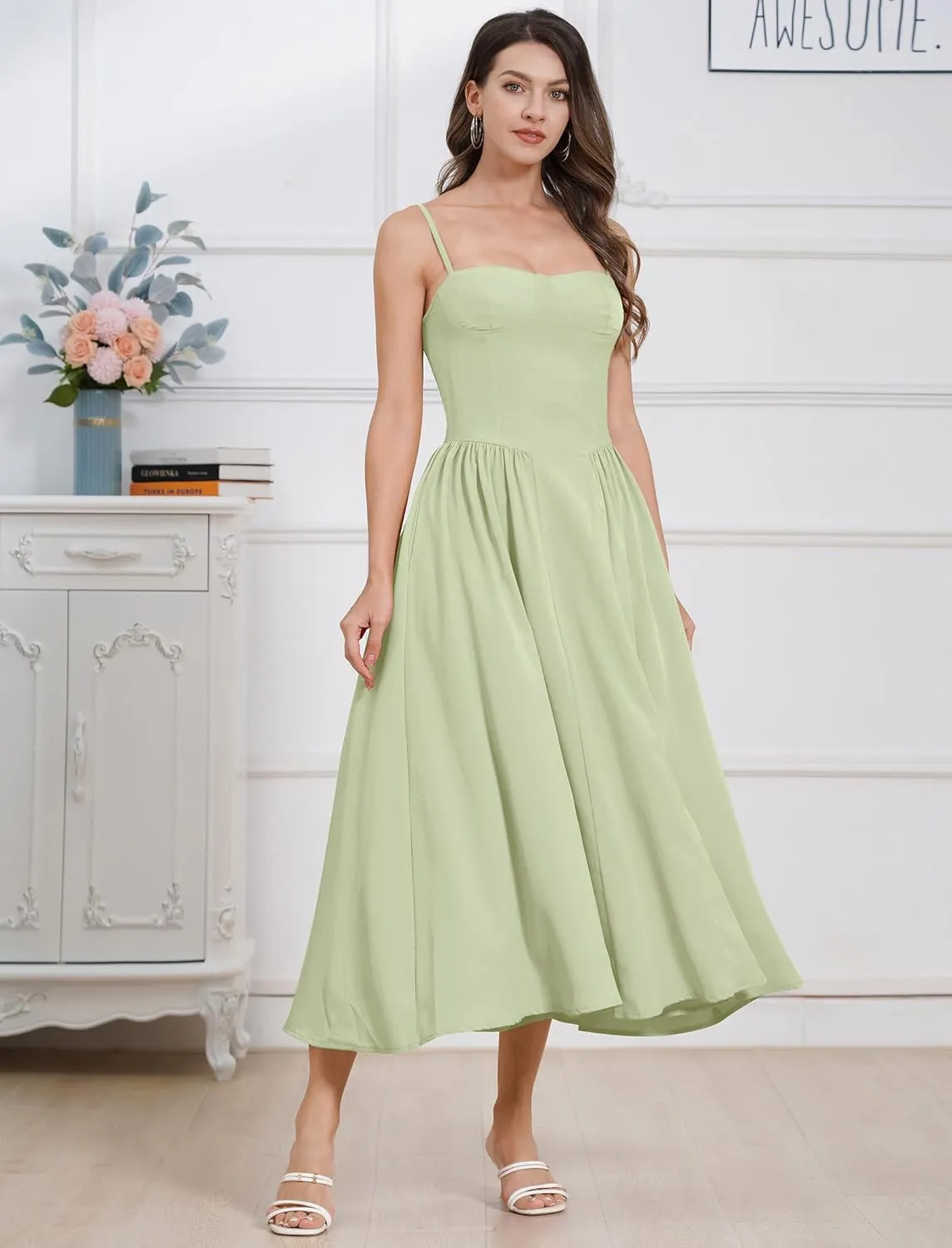 Women Floral Corset Dress Boho Spaghetti Strap Lace Up Casual Midi Dresses with Pockets Low Cut Flowy Bustier Sundress