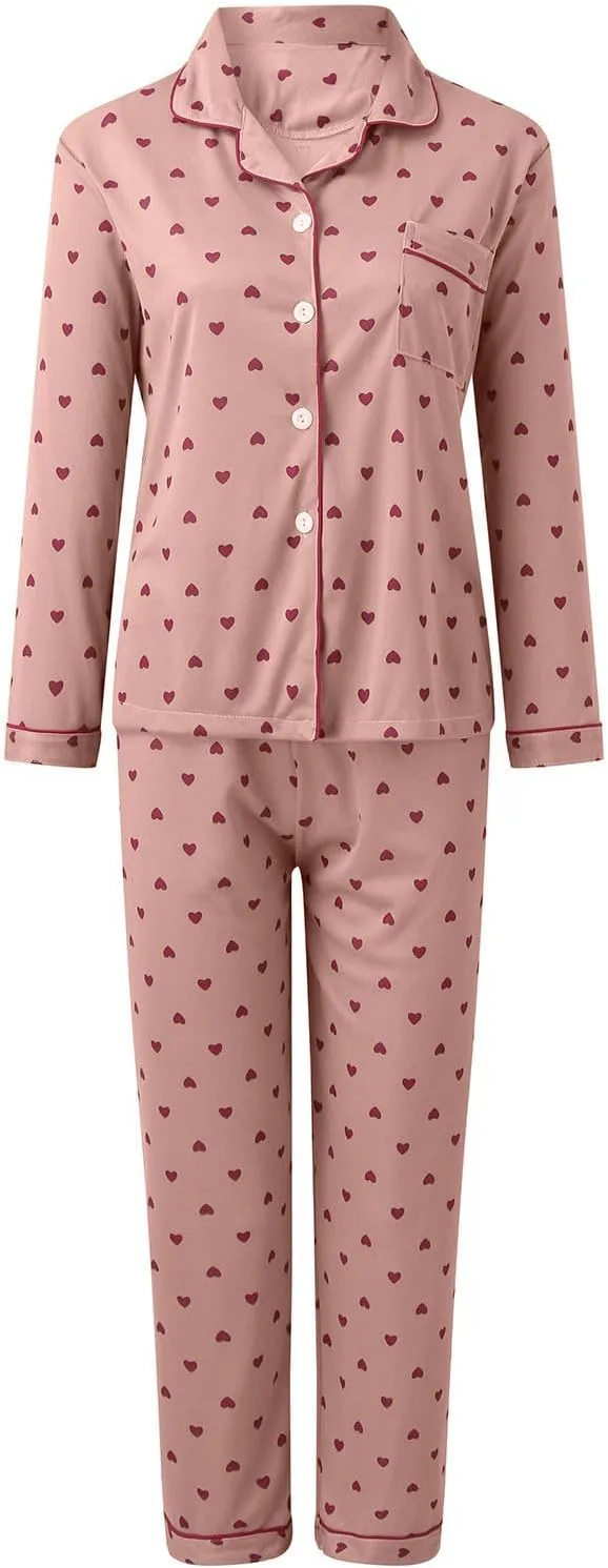 Womens Comfy Pajama Sets Sexy 2 Piece Printed Lapel Button Long Sleeve Shirts Pants Plus Size Casual Loungewear Sets