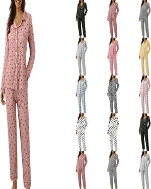 Womens Comfy Pajama Sets Sexy 2 Piece Printed Lapel Button Long Sleeve Shirts Pants Plus Size Casual Loungewear Sets