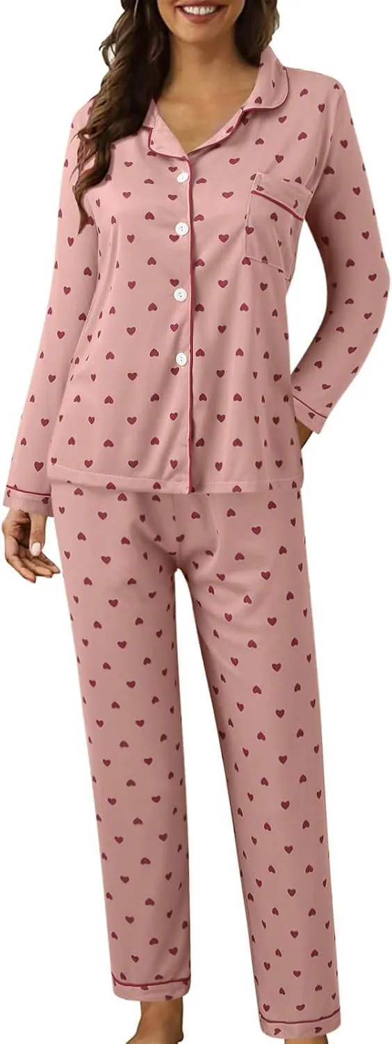 Womens Comfy Pajama Sets Sexy 2 Piece Printed Lapel Button Long Sleeve Shirts Pants Plus Size Casual Loungewear Sets